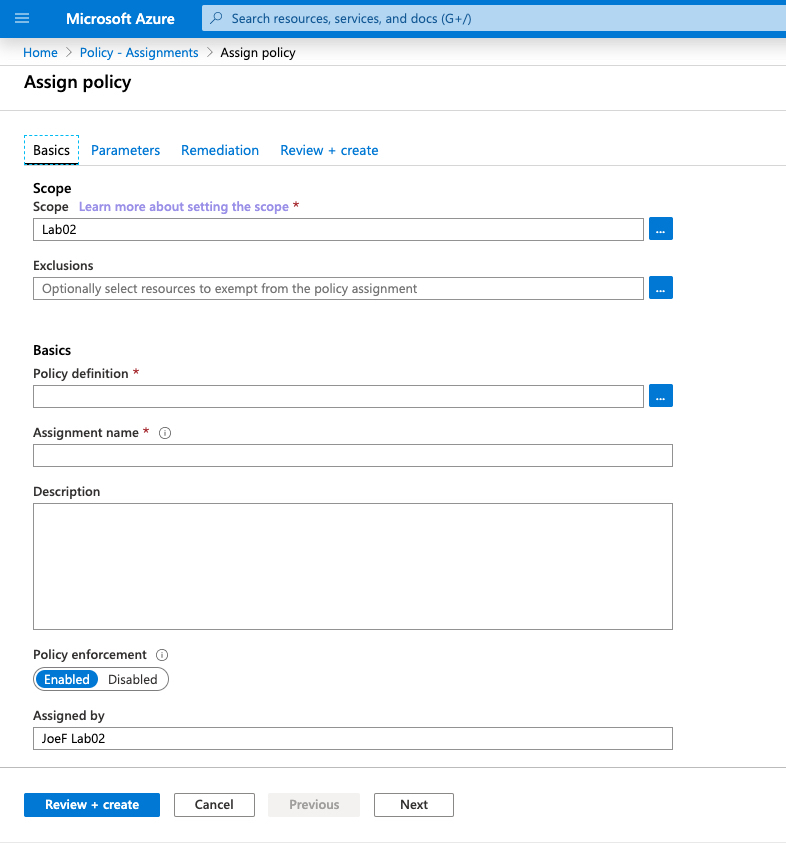 azure policy definition and assignment